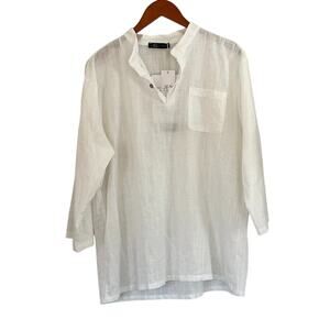 NWT Linen Blend White Roll Tab Sleeve Button V-Neck Pullover Tunic Cover-Up L
